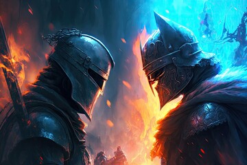 fantasy conflict between the good and evil knights in medieval times. Battlefield is aflame as deadly ice and light clash. illustration. Generative AI - obrazy, fototapety, plakaty