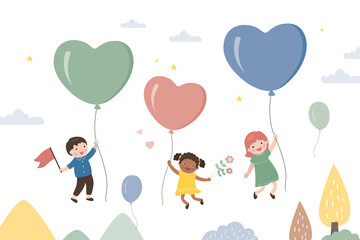 Group of funny kids flies on inflatable heart balloons through sky. Invitation poster, template. Happy children travels. Adventure, upward movement, development. Valentine day, greeting card.