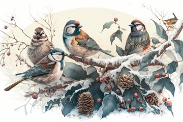 Christmas card with lots of cute little birds, the sparrows sitting in the winter garden under fir branch under snow. Generative AI