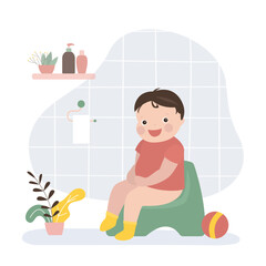 Small caucasian child sits on a potty, cute baby pees and poops. Cartoon little boy sitting on the toilet. Kid character, infant in lavatory.