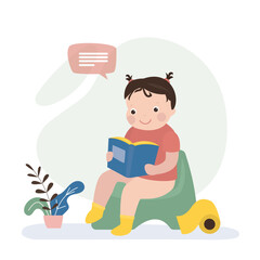 Small caucasian child sits on a potty and read book, cute baby pees and poops. Cartoon little girl sitting on the toilet. Kid character, infant in lavatory.