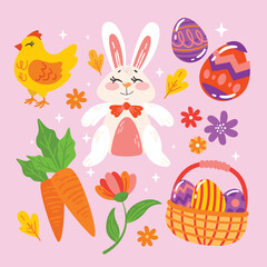 easter eggs and chickens and Easter seamless pattern with rabbits and bunny free vector