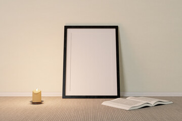 Realistic picture frame with soft shadow. Vector.3d,This book and blank black frame concept interior,