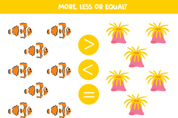 More, less or equal with cartoon clownfish and sea anemone.