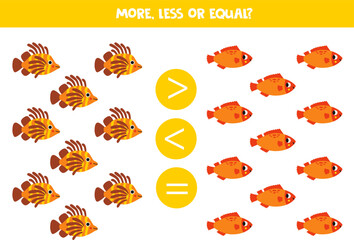 More, less or equal with cartoon cute lionfish and sea bass.