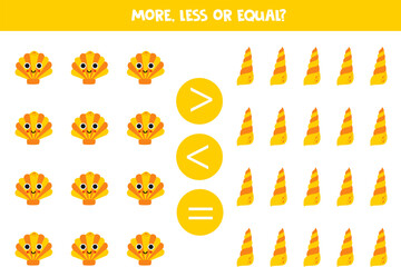 More, less or equal with cartoon cute yellow seashells.