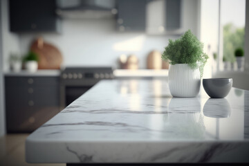 Plakat Marble table top on blur kitchen background made with Generative AI.