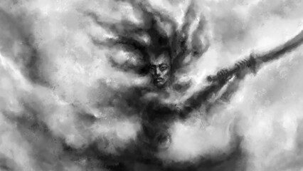 Devil woman warrior waving sword. Goddess of war. Horror fantasy illustration. Evil queen is spinning in a whirlwind. Scary female silhouette. Dark character concept art. Coal and noise effect.