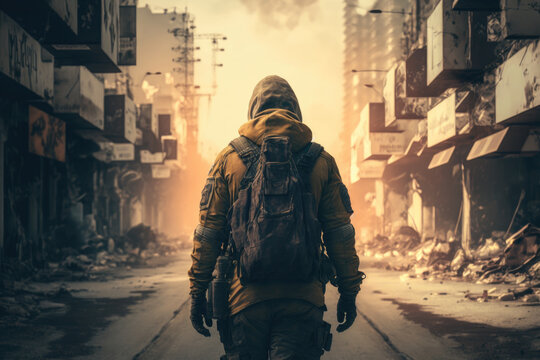 Man in destroyed city at post apocalypse made with Generative AI.