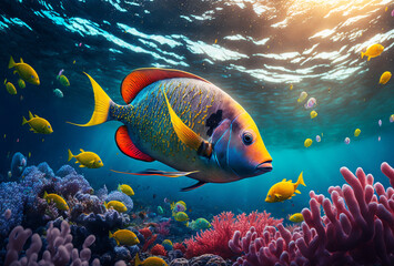 Fototapeta na wymiar Underwater Scene With Coral Reef And Tropical Fishes Illustration, Generative AI
