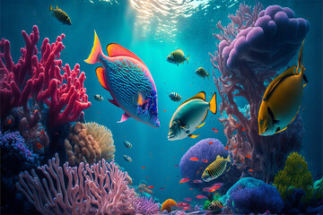 Naklejka na ściany i meble Underwater Scene With Coral Reef And Tropical Fishes Illustration, Generative AI
