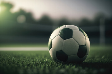 Fototapeta na wymiar Traditional soccer ball on soccer field made with Generative AI.