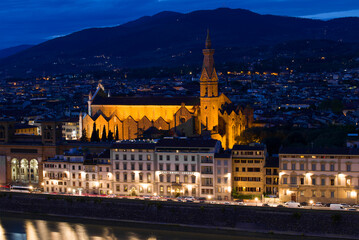 Fototapeta na wymiar Basilica di Santa Croce (Church of the Holy Cross) in the night scenery. Florence, Italy