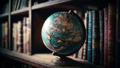 Weathered Globe on Wooden Bookshelf with Soft Ambient Light and Room for Copy (created with Generative AI)