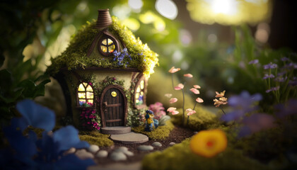 Fototapeta premium Enchanting Miniature Fairy Garden with Colorful Blooms and Space for Text (created with Generative AI)