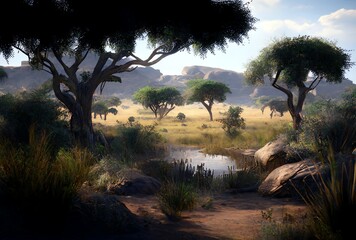 sunset in the Serengeti country, African landscape with small stream large trees and mountains in background, generative ai