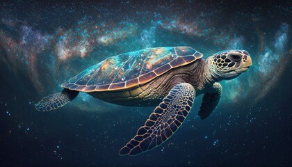 Fototapeta na wymiar Sea turtle flying in space