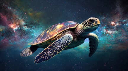 Fototapeta na wymiar Sea turtle flying in space