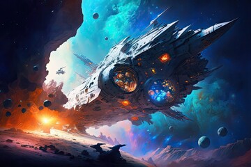 Spaceship on an interplanetary station, space battle, and fantastical space scenery. Generative AI