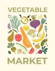 Vector illustration of fruits and vegetables. Healthy food. Design for poster, csrd, flyer, cover and other.