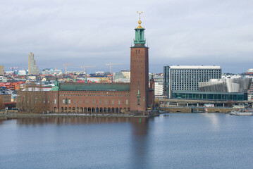 View of the Stockholm City Hall building on a cloudy March day
