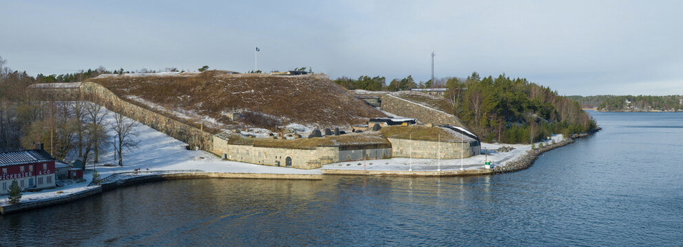 Panorama of the coastal fortifications of the ancient Oscar-Fredricksbor fort on a march morning. Stockholm archipelago, Sweden