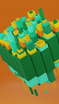 Background in motion like pistons, boxes green, yellow, cyan and orange, vertical render 3d
