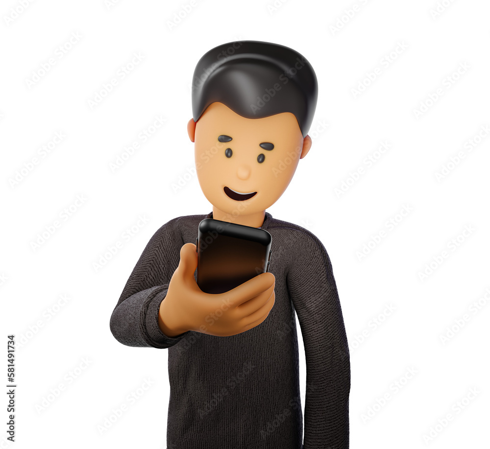Wall mural a cartoon man using a smartphone. isolated on violet gradient background