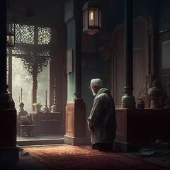 Praying At Mosque. Generative AI