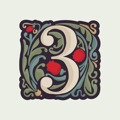 Number three illuminated initial with curve leaf ornament and tulips. Medieval dim colored fancy drop cap logo.