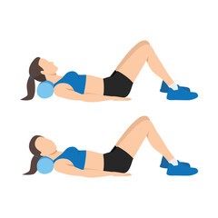 Woman doing foam roller neck release exercise.