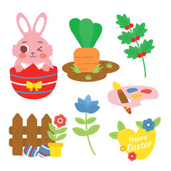 set of easter elements and Easter seamless pattern with rabbits and bunny free vector