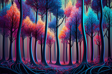 Obraz na płótnie Canvas Forest filled with prismatic trees made from twisted fiber and paint brush tops, paint filled leaves to color the landscape with ease, supersurrealism art wihin nature at its most organic.