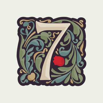 Number seven illuminated initial with curve leaf ornament and tulips. Medieval dim colored fancy drop cap logo.