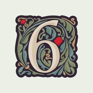Number six illuminated initial with curve leaf ornament and tulips. Medieval dim colored fancy drop cap logo.