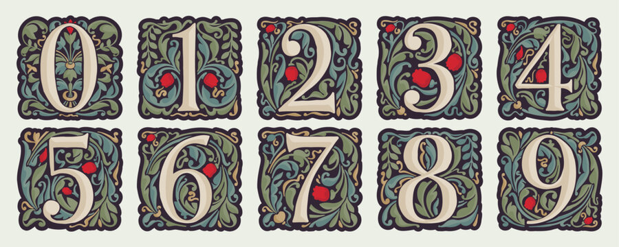 Numbers set illuminated initials with curve leaf ornament and tulips. Medieval dim colored fancy drop cap icons.