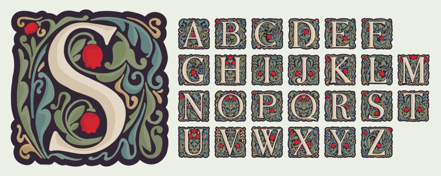 Illuminated initial Alphabet with curve leaf ornament and tulips. Medieval dim colored fancy drop cap logos.