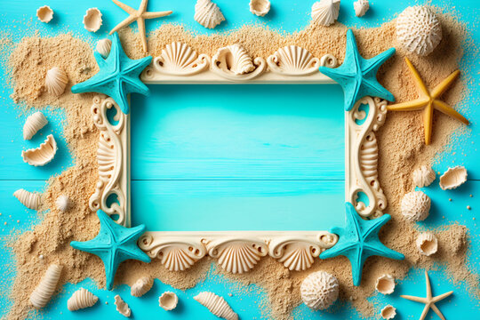 Empty blue frame with sea shell, starfish and sand on background. Summer beach style wall decor, empty space for picture frame mock up.