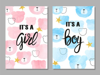 Baby shower card set. Watercolor invitation cards design with bear faces for baby shower party - girl and boy