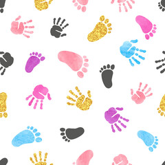 Seamless pattern with colorful kids palm hand and foot prints. Baby shower vector illustration