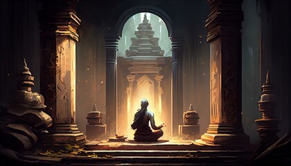 A person meditating in a temple or shrine Generative AI