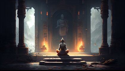 A person meditating in a temple or shrine Generative AI