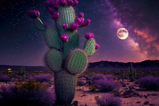 large purple cactus in mexican desert against background of night sky, created with generative ai