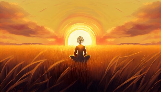 A person meditating in a field of wheat with a sunrise in the background Generative AI