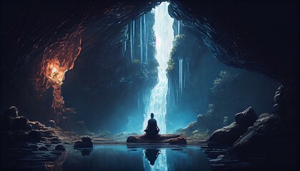 A person meditating in a cave with a waterfall Generative AI