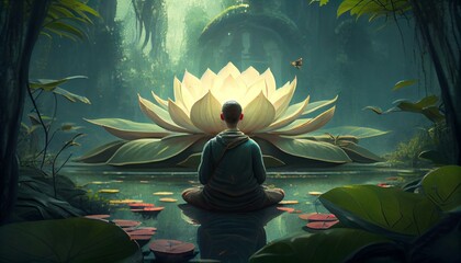 A person meditating in a peaceful garden with a lotus flower Generative AI - obrazy, fototapety, plakaty