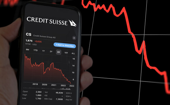 A hand holding a phone with the performance of Credit Suisse on the stock market