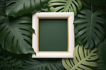 Empty white blank frame top view on background with green tropical leaves. Mock up with empty space for wall decor, prints or copy text.