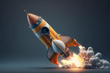 Rocket launching into space illustration. Advanced techonology and science. Grey background.