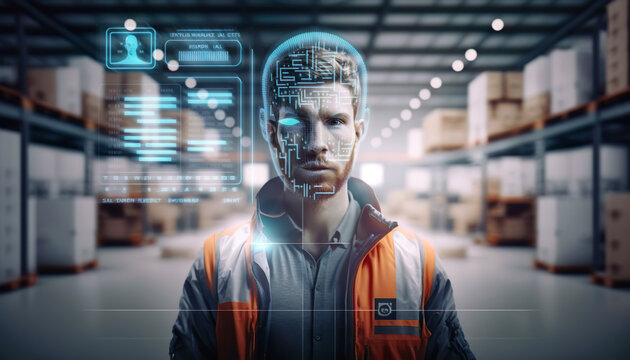 stock clerk or warehouse clerk with smart system virtualization for quality control work.Virtual reality technology.safety management and id identity management concepts.ai generated images